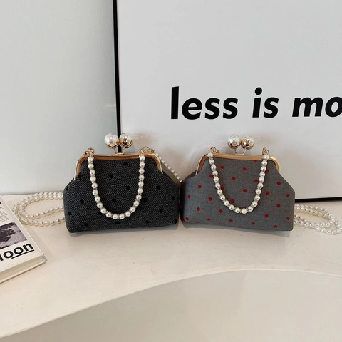 Vintage Polka Dot Stoff Abendtasche Große Künstliche Perle Kiss Lock Handtasche Mit Künstliche Perlen Griff Und Langer Künstliche Perlen Kette