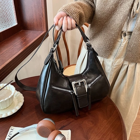 Vintage PU Leather Hobo Bag For Women With Large Silver Buckle Double Zipper Decor Retro Shoulder Crossbody Bag Adjustable Strap