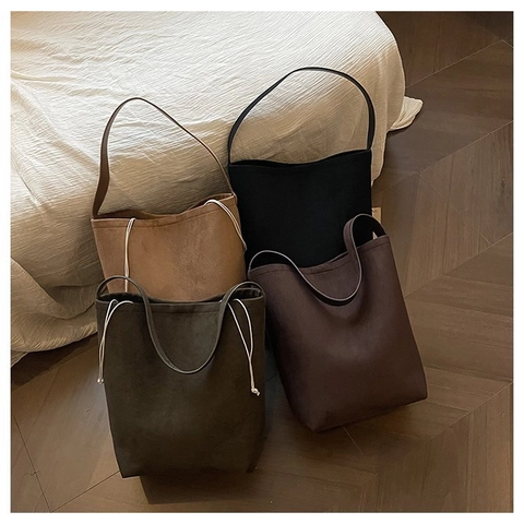 Women Large Capacity Bucket Bag Minimalist Matte Suede PU Leather Shoulder Tote Bag Retro Commuter Handbag With Inner Pouch