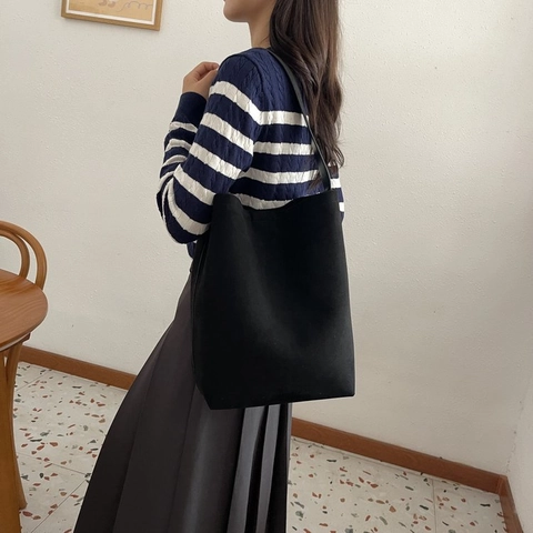 Women Large Capacity Bucket Bag Minimalist Matte Suede PU Leather Shoulder Tote Bag Retro Commuter Handbag With Inner Pouch