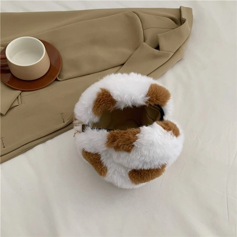 Ball Shaped Plush Crossbody Bag Faux Fur Soccer Cow Pattern Metal Chain Shoulder Handbag For Women Cute Trendy
