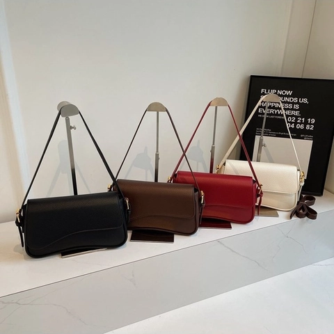 Women Shoulder Crossbody Bag PU Leather Litchi Grain Wave Flap Niche Design Gold Hardware Minimalist Solid Color