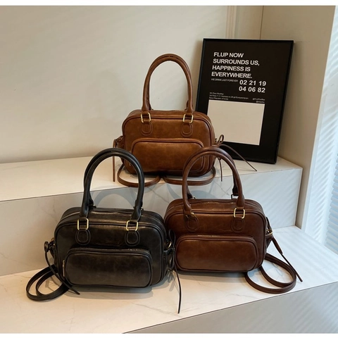 Borsa Boston In Pelle PU Retrò Per Donna Borsa A Tracolla Vintage Con Tasca Frontale Con Cerniera E Doppi Manici
