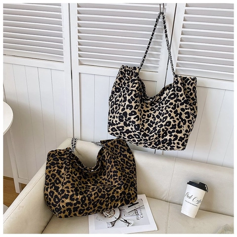Grote Capaciteit Luipaardprint Tote Tas Vintage Canvas Hobo Tas Met Metalen Kettingriem Voor Dames Casual Dagelijks