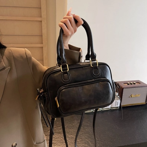 Borsa Boston In Pelle PU Retrò Per Donna Borsa A Tracolla Vintage Con Tasca Frontale Con Cerniera E Doppi Manici