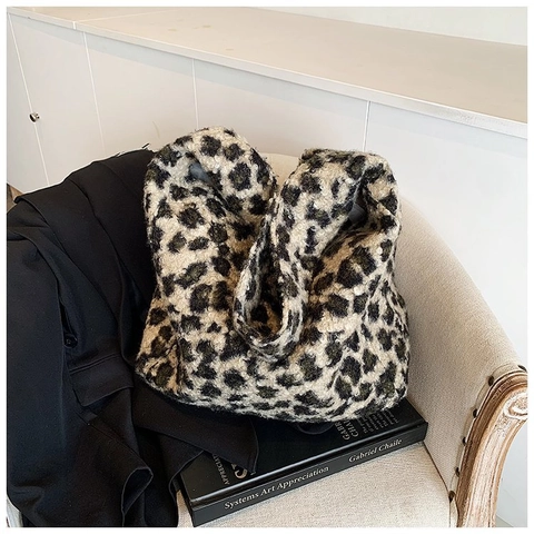 Moda Leopardo Peluche Bolso Tote Y Bolsa Para Mujeres Gran Capacidad Bolso De Hombro De Piel Sintética Bolso De Mano