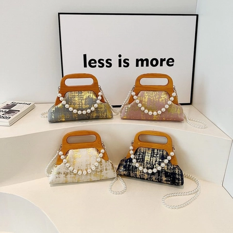 Vintage Women Handbag With Wood Handle And Artificial Pearl Strap Gold Foil Texture PU Leather Retro Crossbody Bag