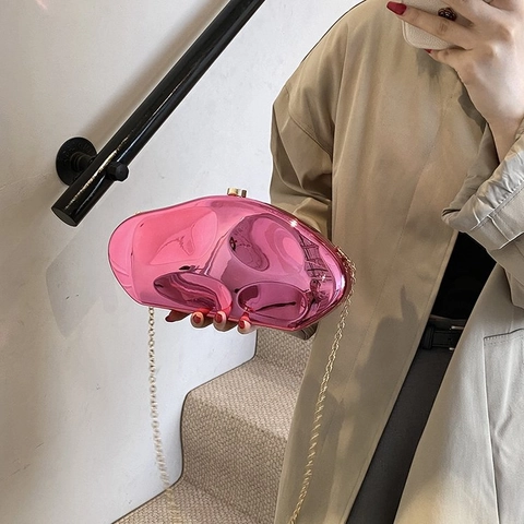 Irregular Organic Stone Shape Acrylic Evening Clutch Bag Metallic Mirror Finish Crossbody Handbag With Metal Chain Strap