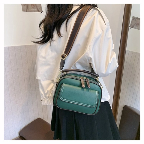 Women PU Leather Crossbody Bag Double Zipper Pebble Texture Square Handbag Wide Strap Front Flap Pocket Contrast Stitching