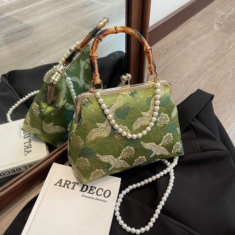 Bolso De Mano Bordado Estilo Chino Vintage Con Grullas De Brocado Con Asa De Bambú Y Cadena De Perlas Artificiales Cierre De Metal