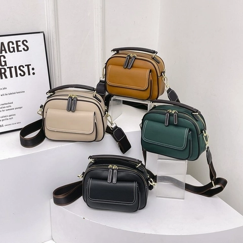 Women PU Leather Crossbody Bag Double Zipper Pebble Texture Square Handbag Wide Strap Front Flap Pocket Contrast Stitching