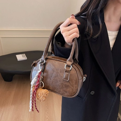 Borsa A Mano Boston Pelle PU Vintage Donna Con Tracolla Staccabile Borsa A Tracolla Versatile Minimalista E Ciondolo Orso