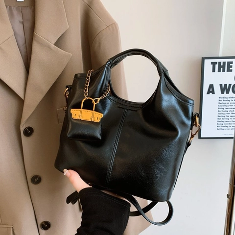 Bolso De Mano Vintage De Cuero PU Gran Capacidad Bolso De Hombro Con Mini Bolsa Decorativa Para Mujer Minimalista