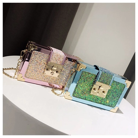 Sac Bandoulière Boîte À Paillettes Pour Femmes Vintage En Simili Cuir Pochette De Soirée Avec Chaîne Et Coins Métalliques