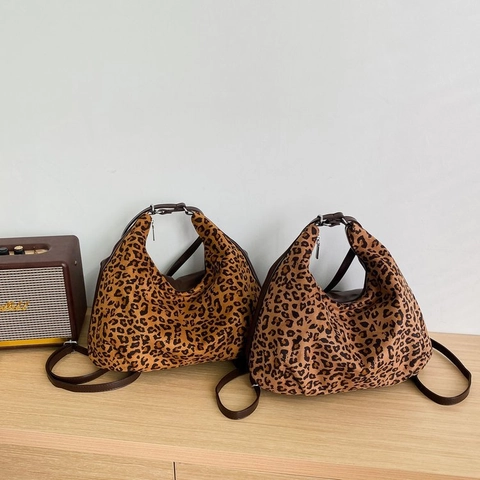 Borsa Hobo Leopardata Pelle PU Tela Grande Capacità Tracolla Regolabile Retro Borsa A Spalla Donna