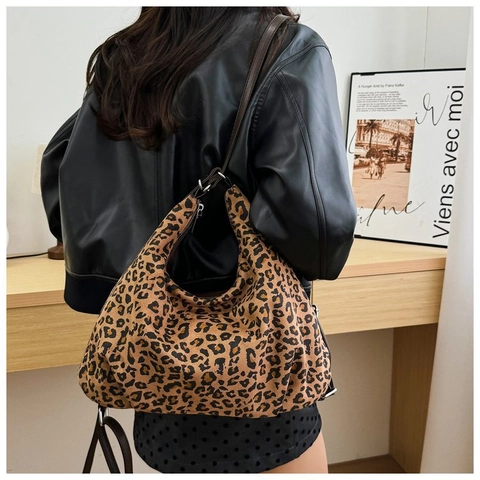 Borsa Hobo Leopardata Pelle PU Tela Grande Capacità Tracolla Regolabile Retro Borsa A Spalla Donna