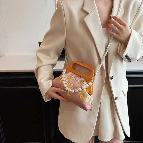 Vintage Women Handbag With Wood Handle And Artificial Pearl Strap Gold Foil Texture PU Leather Retro Crossbody Bag