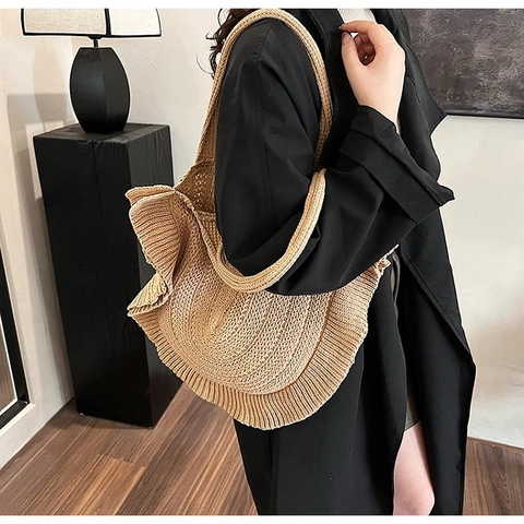 Strick-Shopper Mit Rüschen Gewebte Umhängetasche Große Kapazität Handgefertigte Häkeltasche Damen Sommer Handtasche