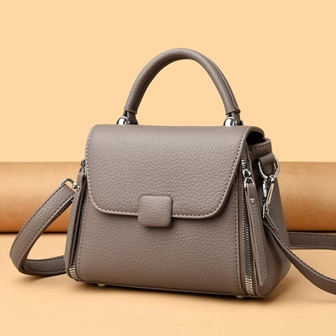 Bolso De Mano Para Mujer Cuero PU Grano Litchi Vintage Solapa Asa Superior Bolso Bandolera Color Sólido Elegante Y Versátil