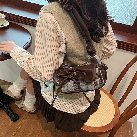 Vintage Plaid Shoulder Bag With Bowknot PU Leather Ruched Strap Contrast Color Underarm Handbag Aesthetic Women