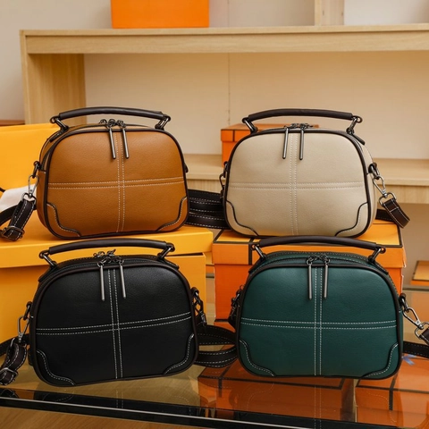 Borsa A Tracolla Retrò In Pelle PU Da Donna Trama Litchi Cuciture A Contrasto Doppia Cerniera Borsa A Mano Minimalista