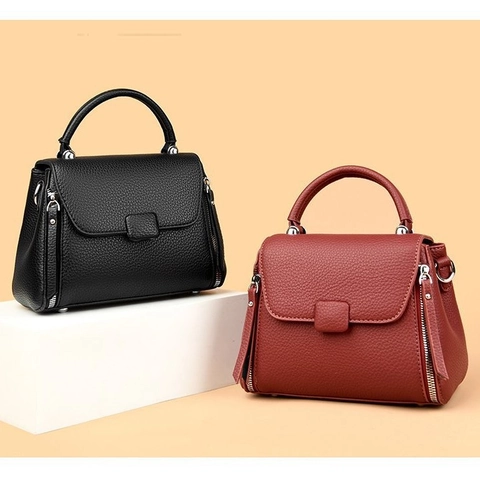 Bolso De Mano Para Mujer Cuero PU Grano Litchi Vintage Solapa Asa Superior Bolso Bandolera Color Sólido Elegante Y Versátil