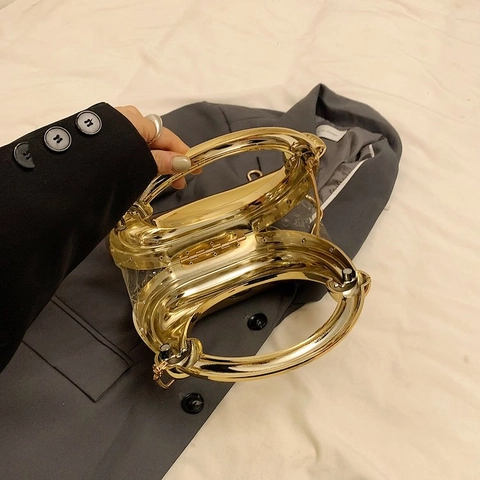 Sac De Soirée Miroir En Acrylique Avec Fermoir Sac À Main Demi-Lune Bandoulière Chaîne En Métal Poignée Ronde Style Rétro