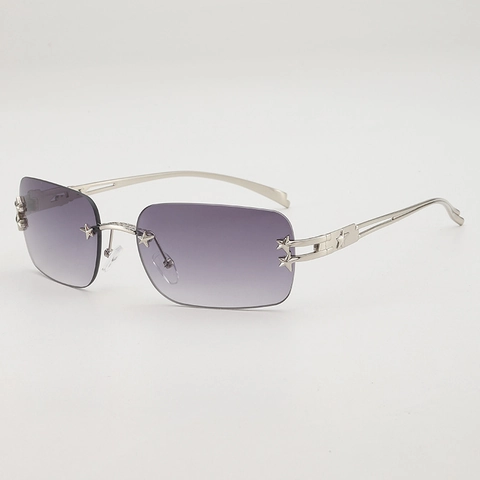 Rimless Rectangular Sunglasses With Star Metal Decor Y2K Millennial Fashion Trendy Square Frame UV400 Shade Eyewear