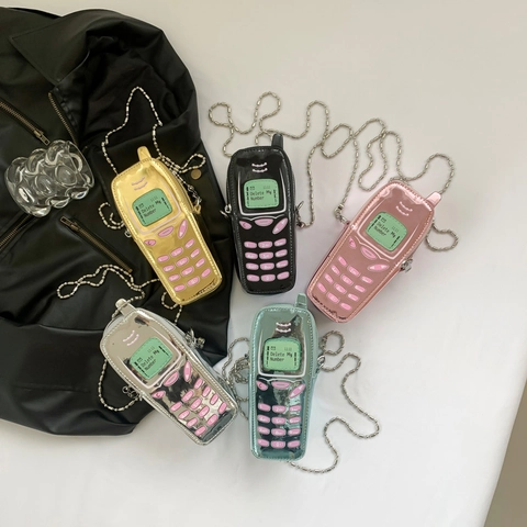 Mini Umhängetasche In Retro Handy Form Metallisches PU Leder Y2K Stil Kette Schultertasche Für Damen Kinder Neuheit