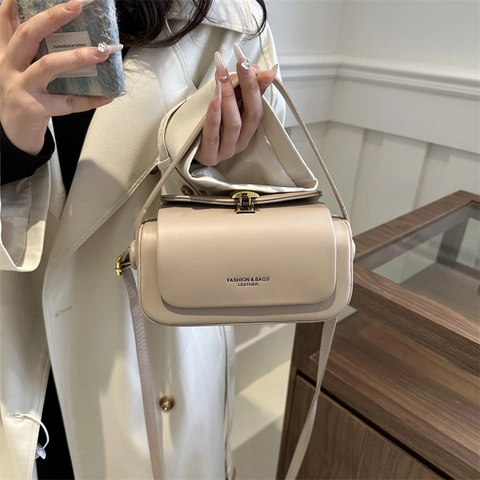 Women PU Leather Crossbody Bag Small Square Box Handbag With Gold Metal Lock Simple Urban Korean Style Shoulder Bag