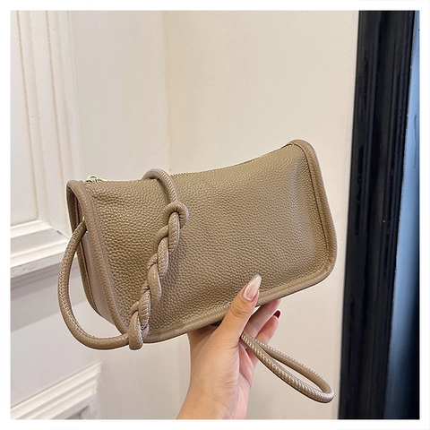 Bolso Bandolera Mujer Pequeño Cuadrado Cuero PU Textura Lichi Color Sólido Detalle Correa Tejida Moda Informal Tendencia Bolso Hombro
