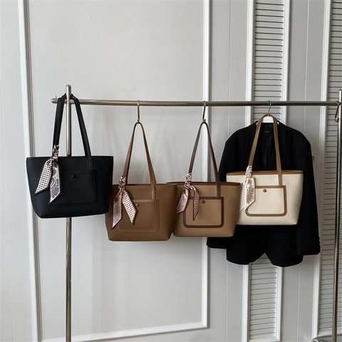 Women PU Leather Tote Bag Large Capacity Lychee Texture Shoulder Handbag With Decorative Scarf
