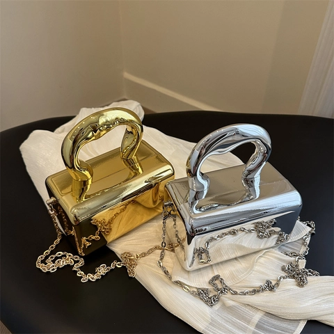 Damen Spiegel Acryl Box Handtasche Futuristisch Metallisch Hartschale Umhängetasche Mit Dickem Gebogenem Griff Abnehmbarer Metallkette