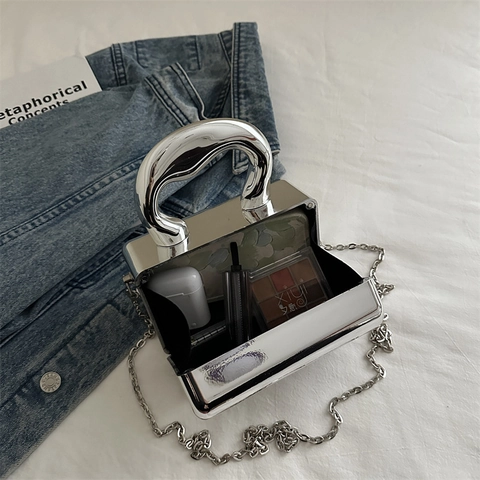 Damen Spiegel Acryl Box Handtasche Futuristisch Metallisch Hartschale Umhängetasche Mit Dickem Gebogenem Griff Abnehmbarer Metallkette