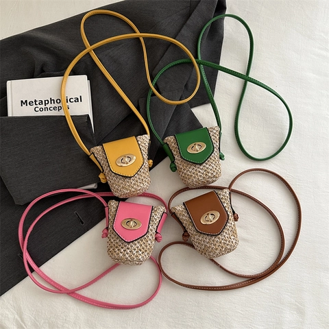 Borsa a Tracolla Mini in Paglia da Donna Intrecciata in Pelle PU Con Patta e Chiusura a Girello Piccola Borsa a Spalla Estate