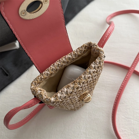 Borsa a Tracolla Mini in Paglia da Donna Intrecciata in Pelle PU Con Patta e Chiusura a Girello Piccola Borsa a Spalla Estate