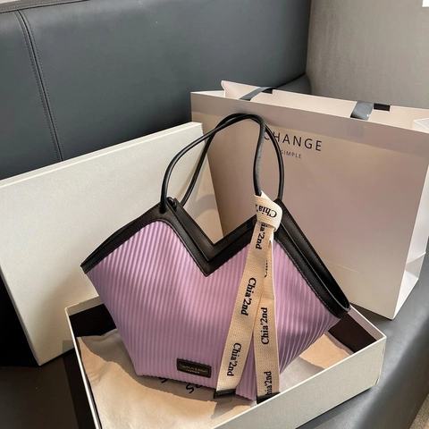Retro PU Leder Plissierte Tragetasche V Ausschnitt Schulter Handtasche Mit Dekoband Für Damen Alltag