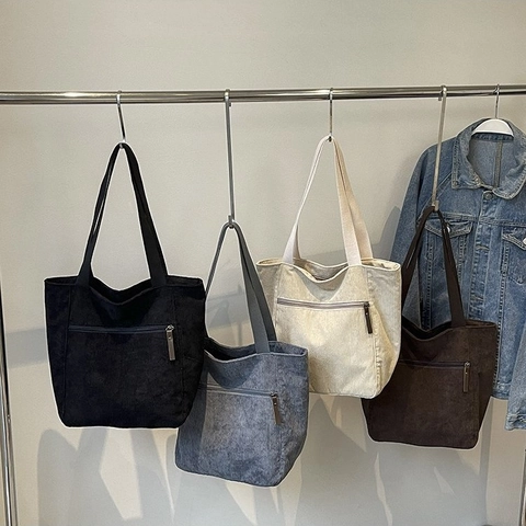 Grote Corduroy Tote Bag Voor Dames Met Voorvak Met Rits Vintage Schoudertas Voor Dagelijks Gebruik En Werk Casual Stijl
