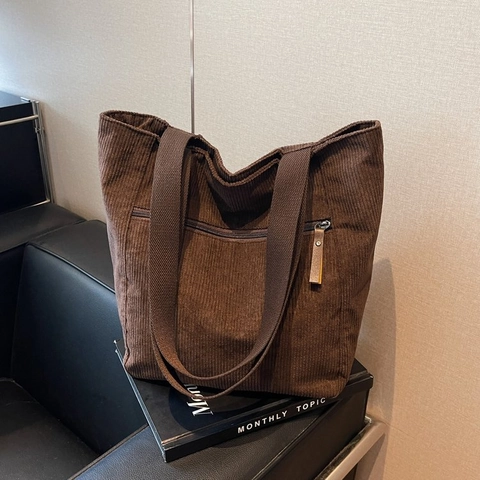 Grote Corduroy Tote Bag Voor Dames Met Voorvak Met Rits Vintage Schoudertas Voor Dagelijks Gebruik En Werk Casual Stijl