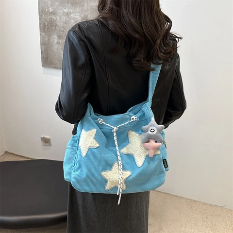 Borsa A Tracolla In Velluto A Coste Kawaii Con Toppe A Stella In Peluche E Ciondolo Grande Borsa Con Coulisse Per Donne