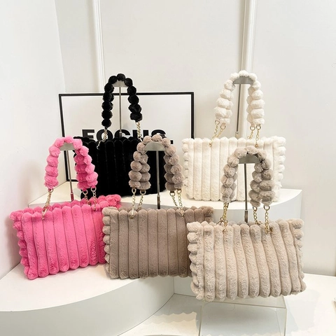 Borsa A Spalla In Pelliccia Sintetica Tote In Peluche A Righe Con Manico A Catena Pompon Grande Capacità Inverno Donna