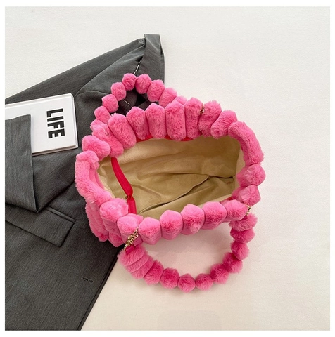Borsa A Spalla In Pelliccia Sintetica Tote In Peluche A Righe Con Manico A Catena Pompon Grande Capacità Inverno Donna