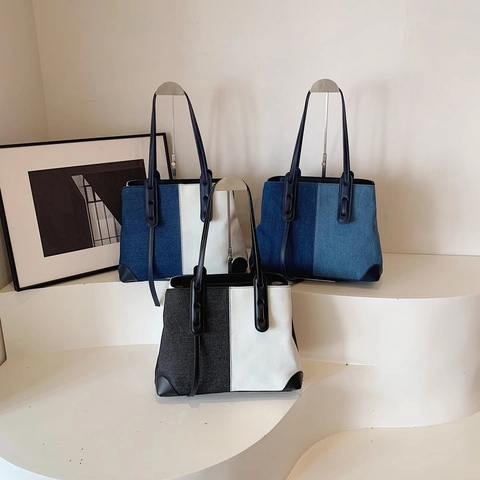 Borsa Tote Capiente Donna Denim Tela Patchwork Colore A Contrasto Borsa A Spalla A Mano Multi Scomparto Minimalista Casual