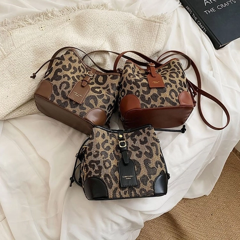 Leopardenmuster Eimer Tasche Damen Leinwand PU Leder Kordelzug Umhängetasche Schultertasche Vintage Mode