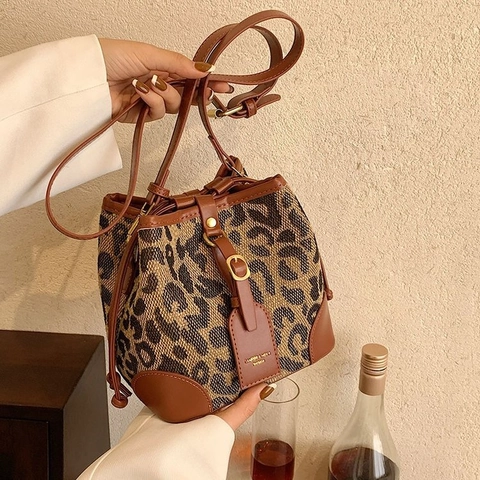 Leopardenmuster Eimer Tasche Damen Leinwand PU Leder Kordelzug Umhängetasche Schultertasche Vintage Mode