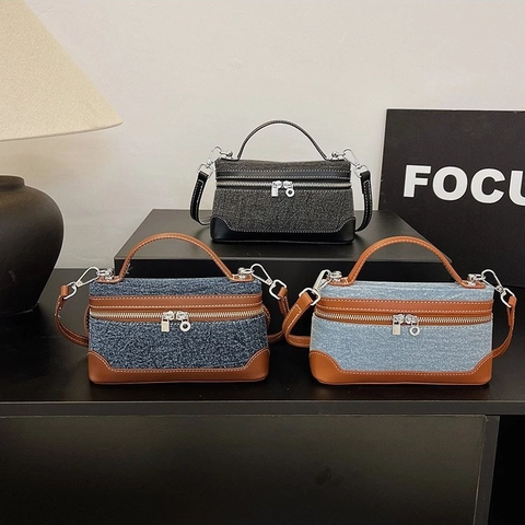 Retro Denim Patchwork Handtas Crossbody Tas Met PU Leren Bies Verstelbare Riem Ritssluiting Vrouwen