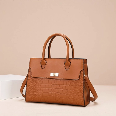 PU Leather Crocodile Embossed Handbag Vintage Chic Large Capacity Tote Bag With Metal Turn-Lock And Adjustable Strap For Women