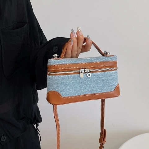 Retro Denim Patchwork Handtas Crossbody Tas Met PU Leren Bies Verstelbare Riem Ritssluiting Vrouwen