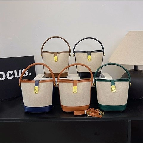 Bolso Cubo Mujeres Lona Cuero PU Patchwork Color Contraste Bolso Hombro Bandolera Retro Elegante