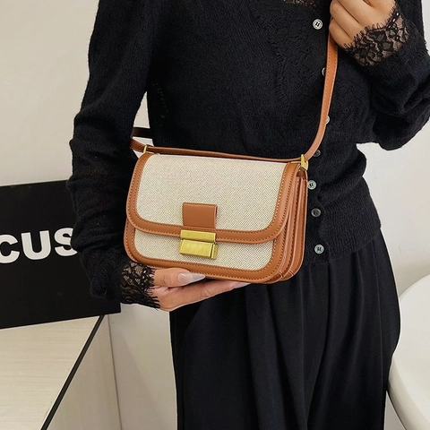 Retro Canvas PU Leather Patchwork Women Shoulder Crossbody Bag Simple Small Square Handbag Metal Lock